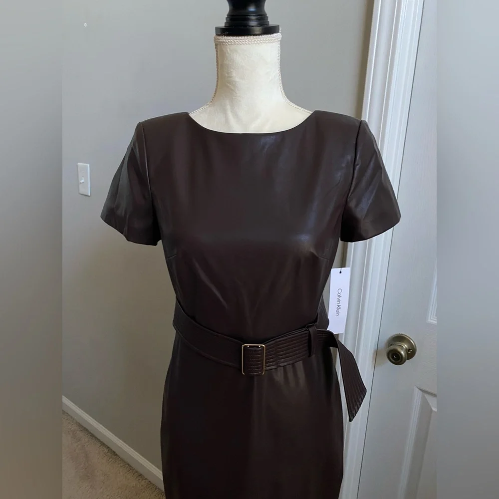 NWT Calvin Klein Belted Faux Leather Sheath Dress - Espresso Brown - Picture 4 of 16